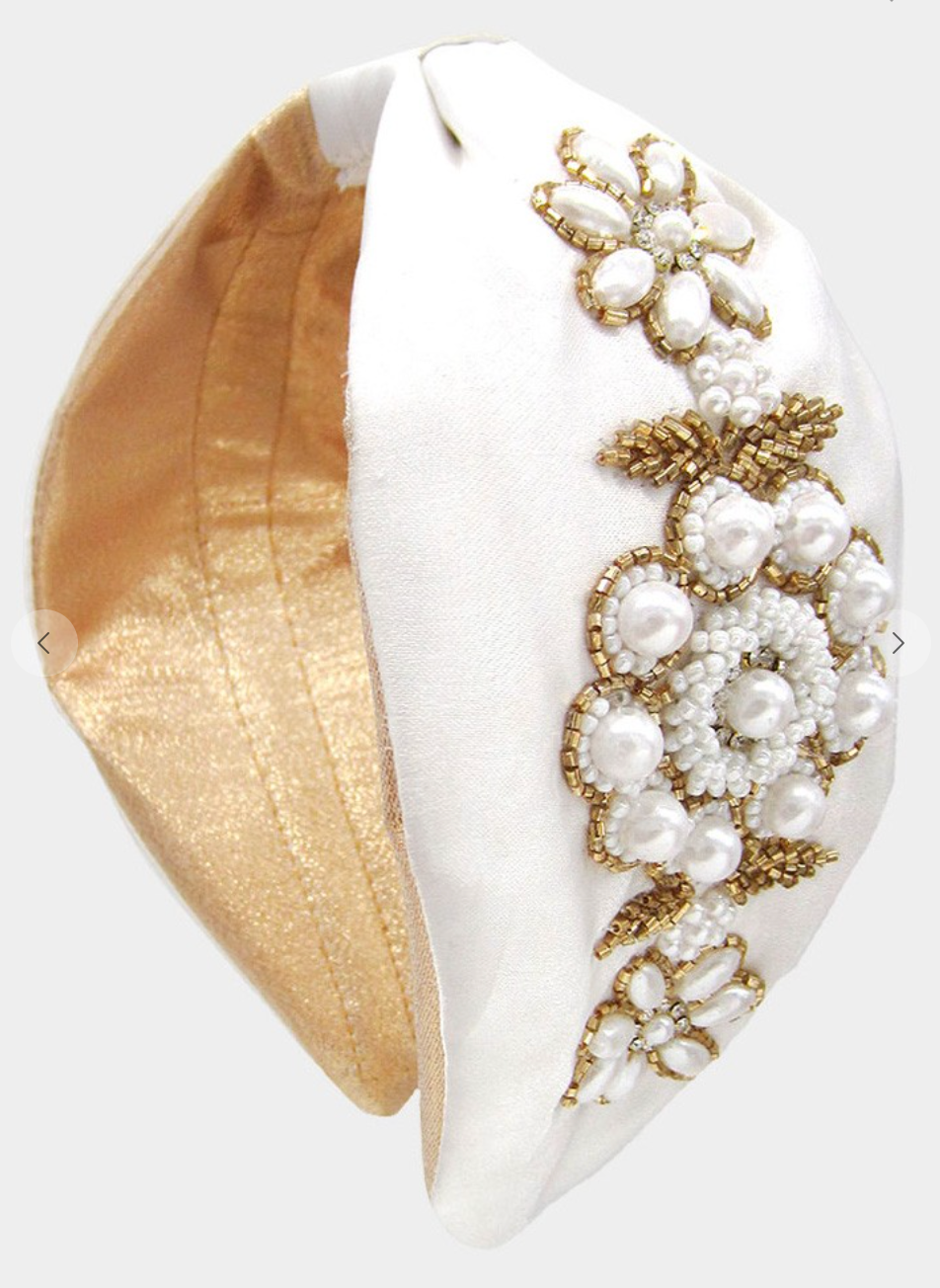 Floral Embroidered Headband - White