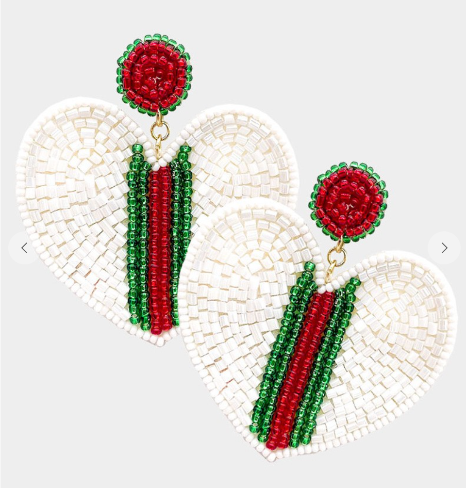 Red and Green Striped Beaded Hearts